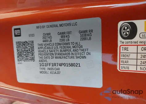 2023 Chevrolet Camaro Rwd Lt1 z USA, uszkodzony, nr VIN 1G1FF1R74P0158021